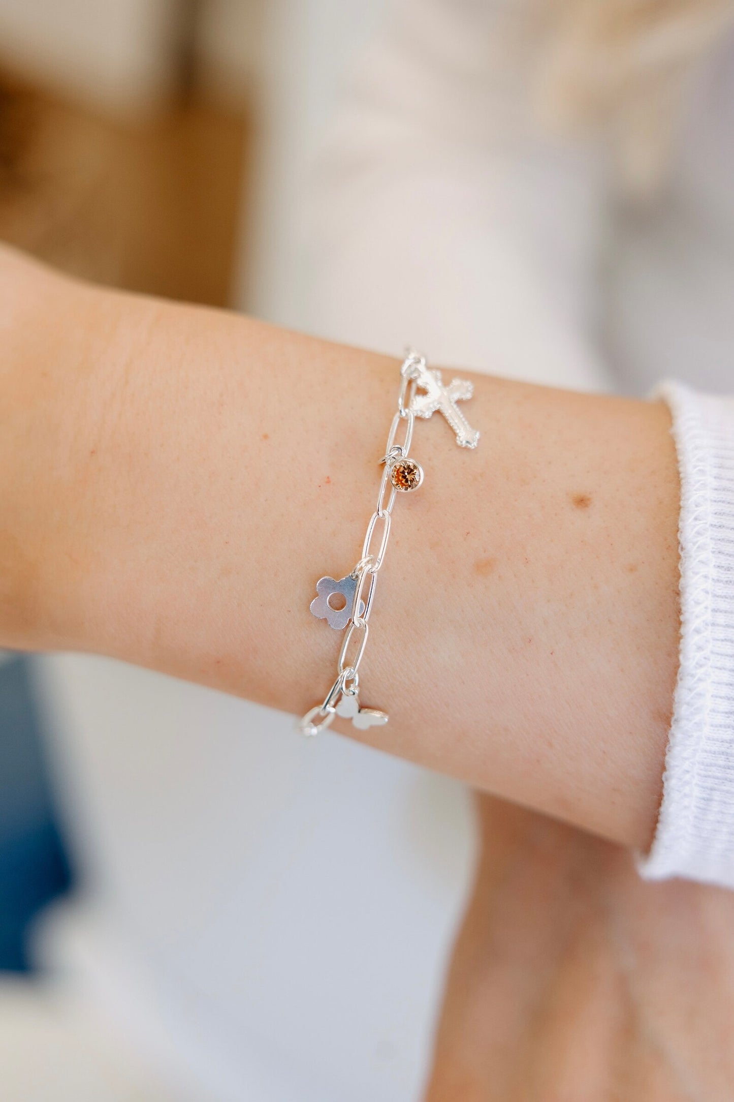 14k Gold Sterling Silver Paperclip Charm Bracelet