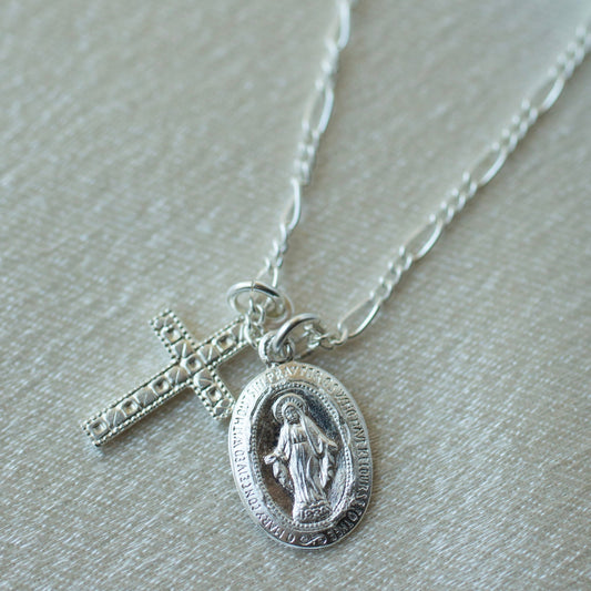 Silver Tiny Virgin Mary Cross Necklace