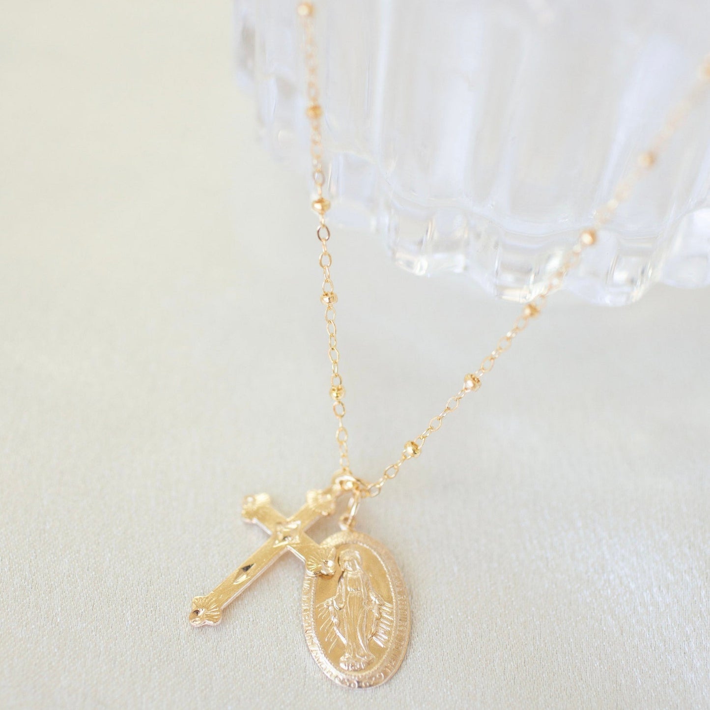 14k Gold Cross Mary Necklace