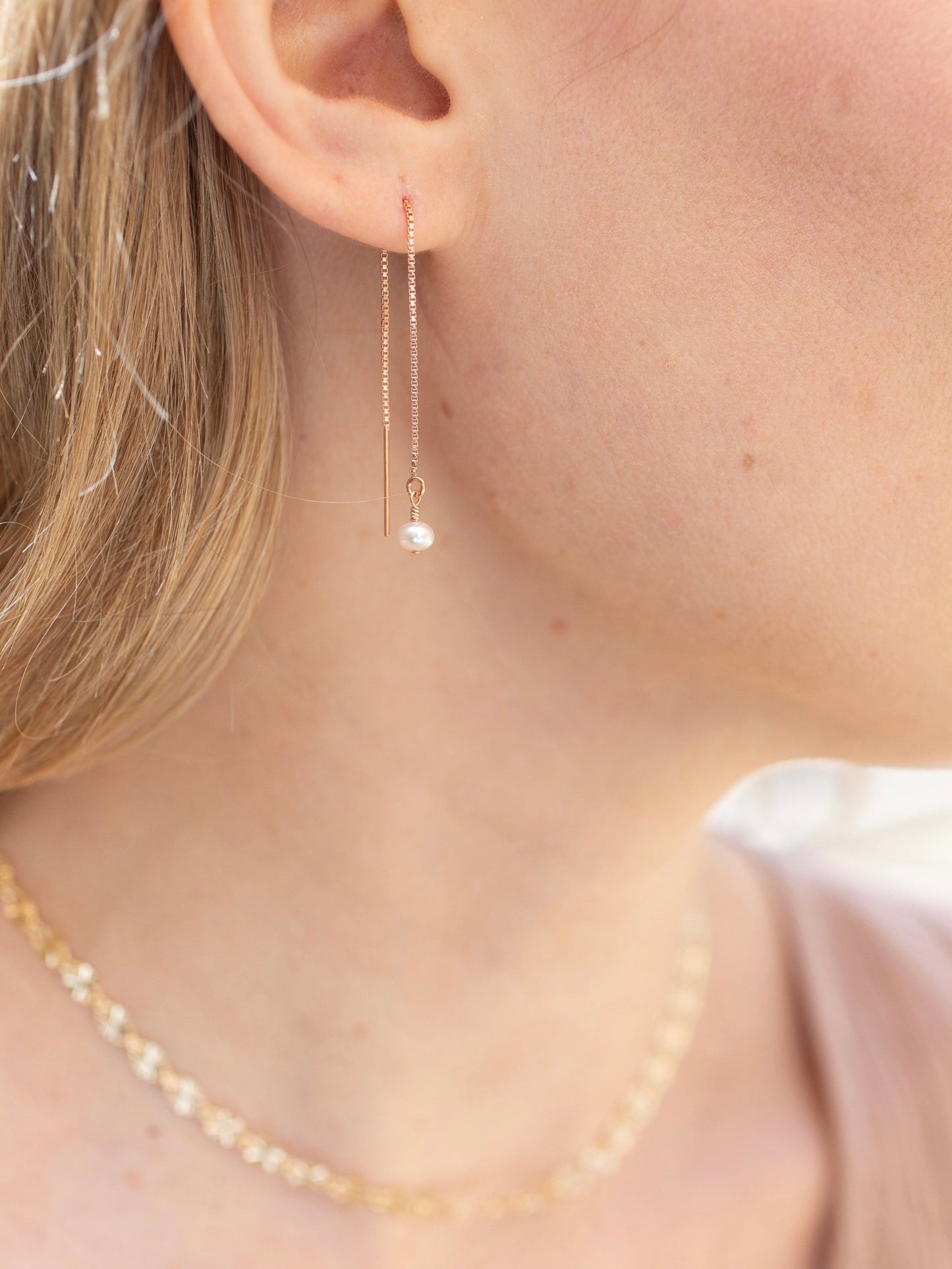 Rose Gold Pearl Threader Earrings