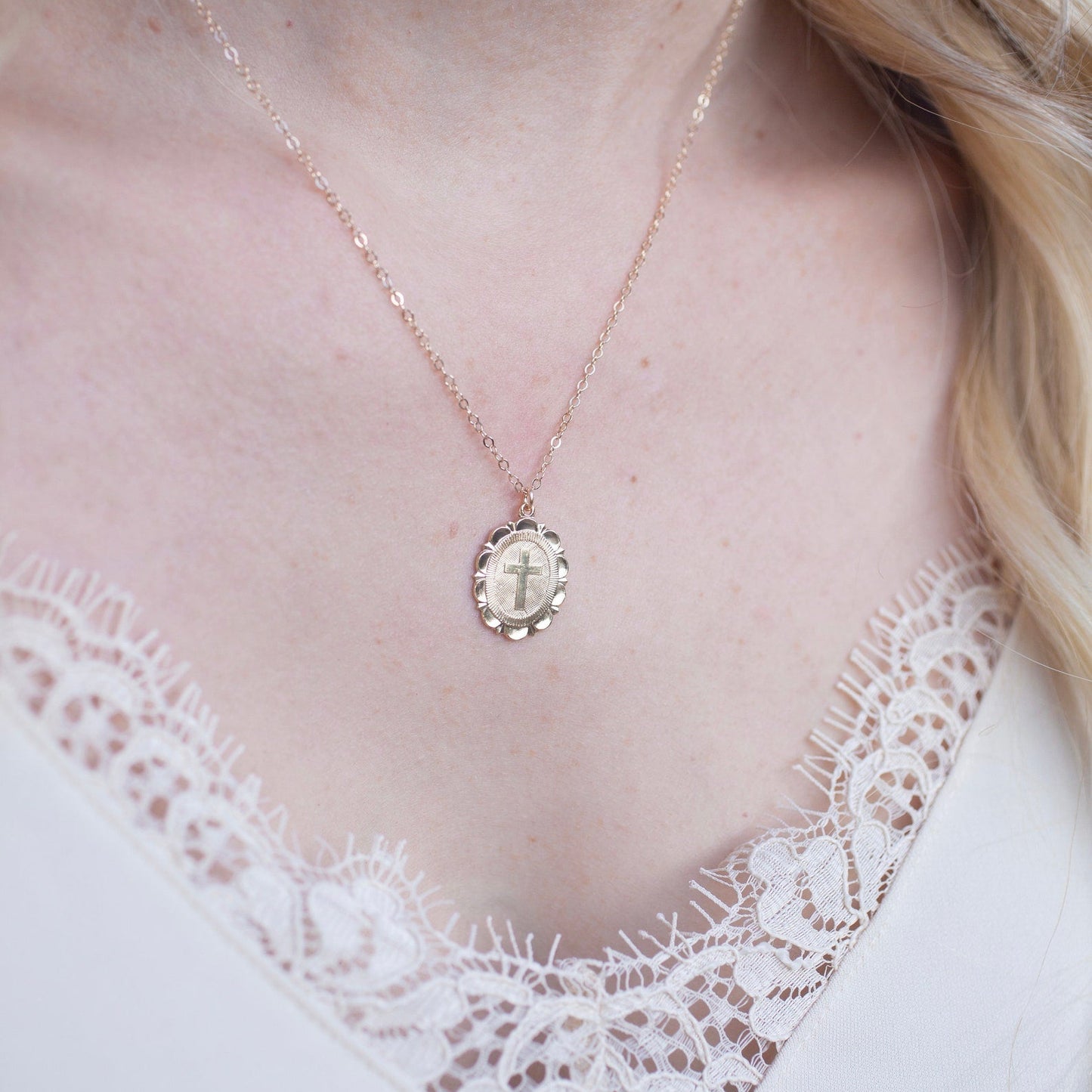 Gold Round Cross Necklace