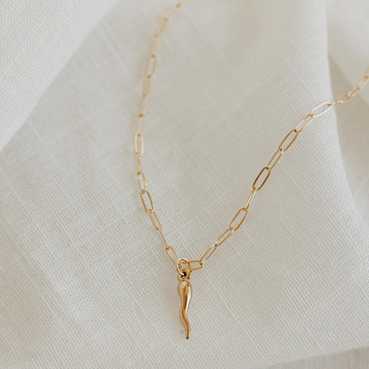 14K gold filled mini Italian horn necklace on delicate chain, minimalist everyday jewelry