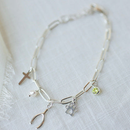 14k Gold Sterling Silver Paperclip Charm Bracelet