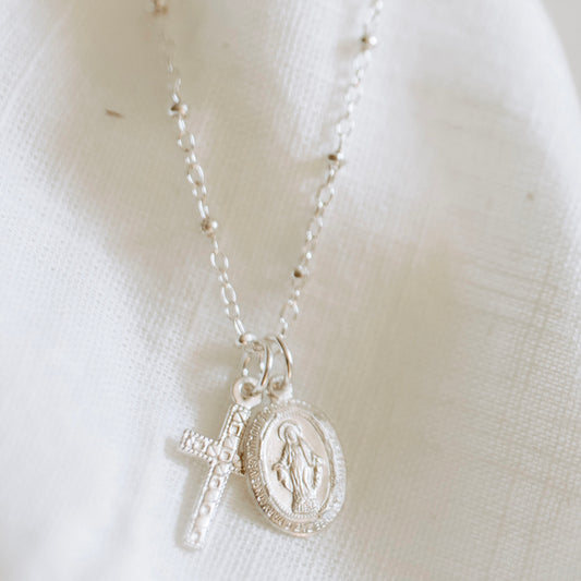 Silver Tiny Virgin Mary Cross Necklace