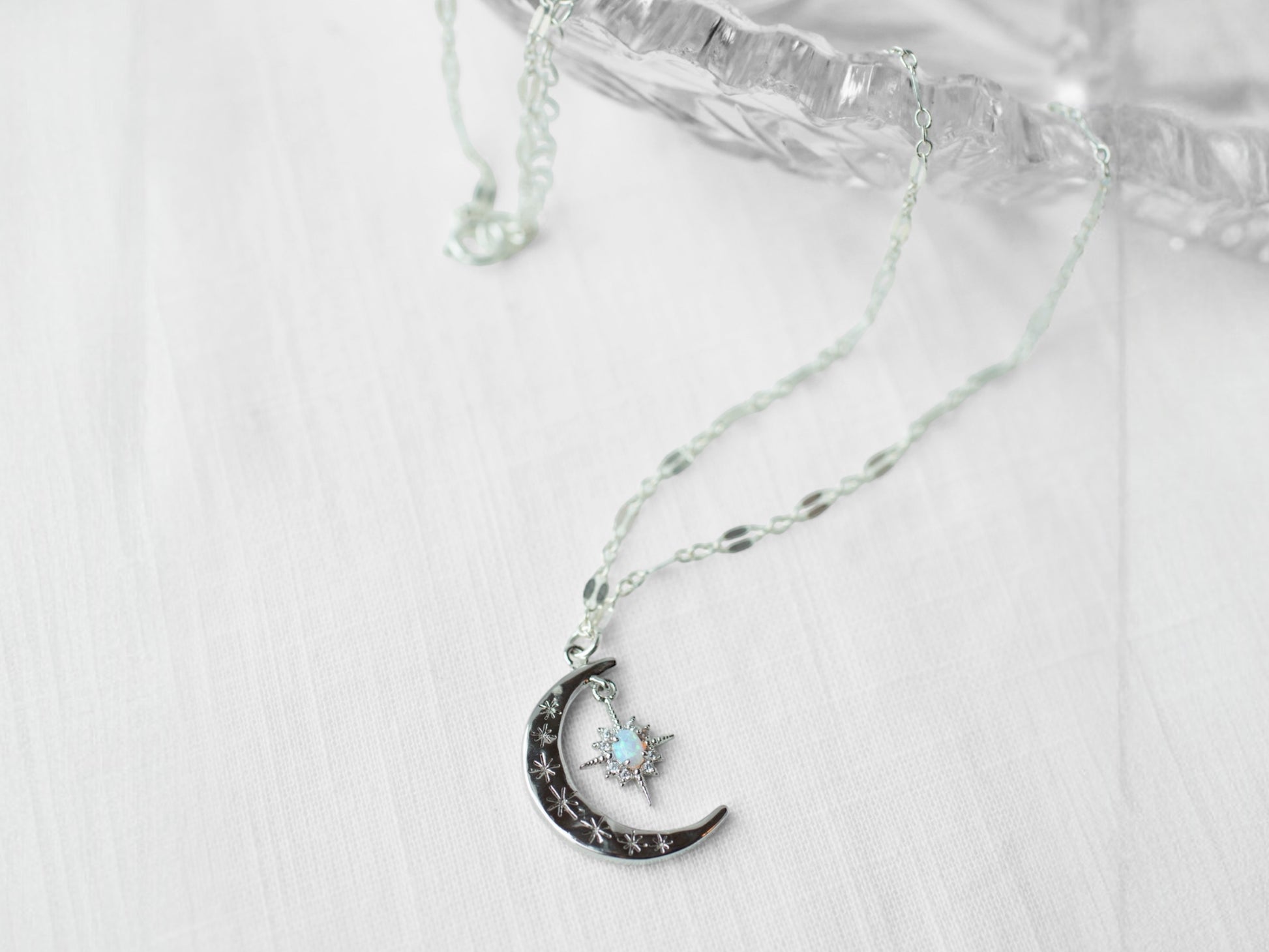 Silver Crescent Lucky Star Necklace