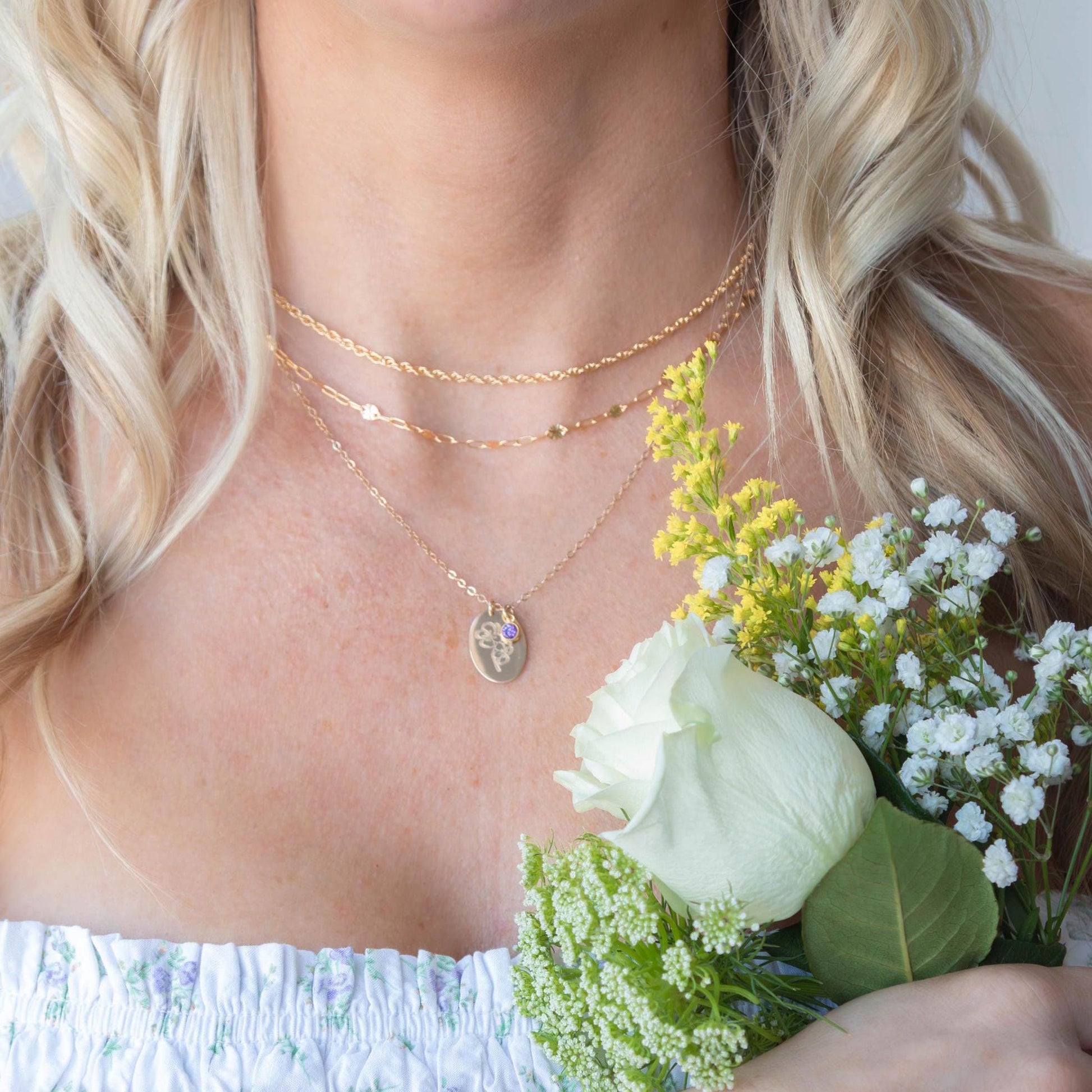 Oval Birth Flower Birthstone Necklace