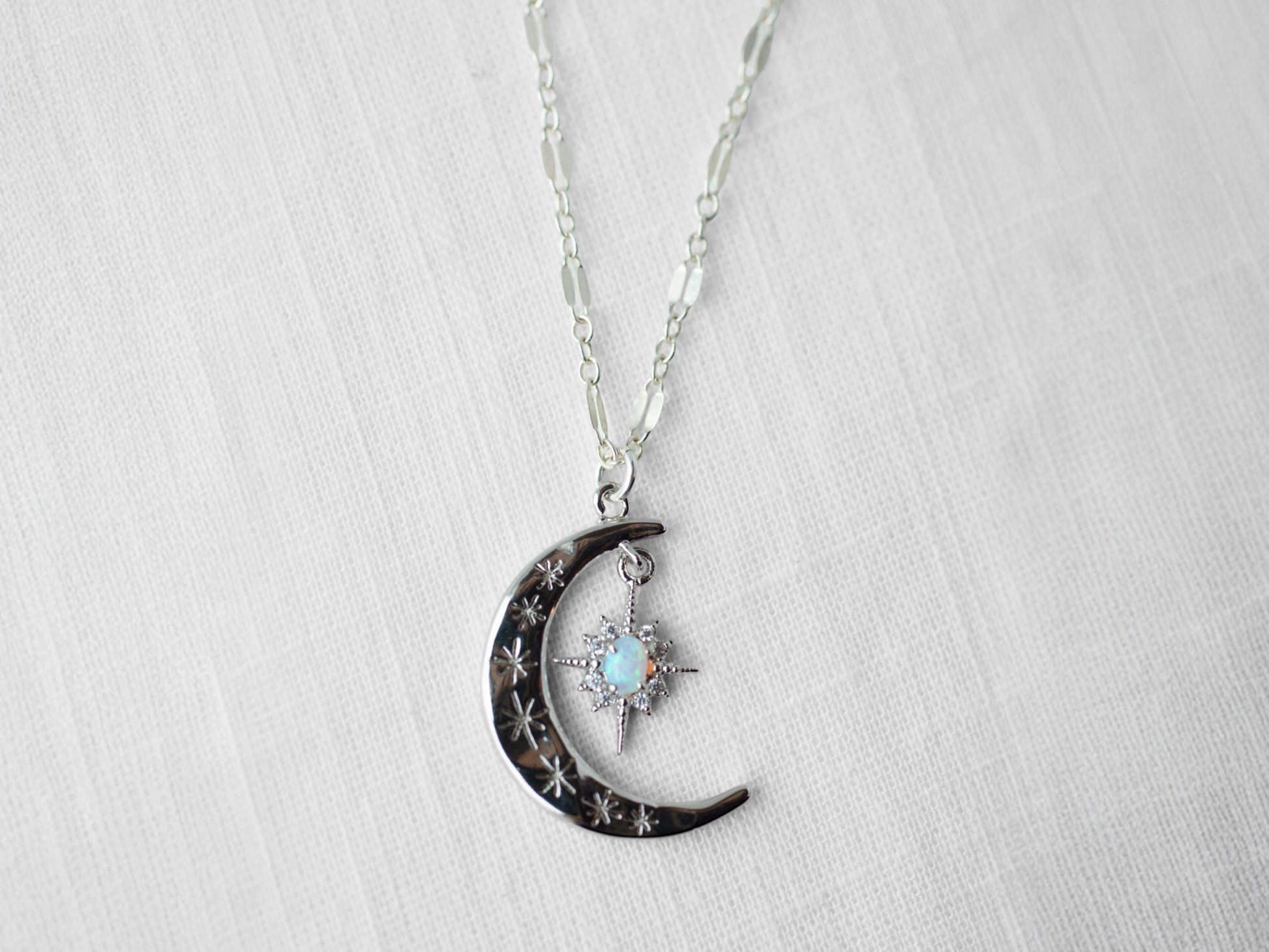Silver Crescent Lucky Star Necklace