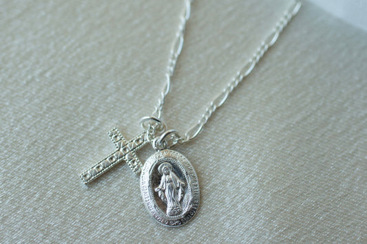 Silver Tiny Virgin Mary Cross Necklace