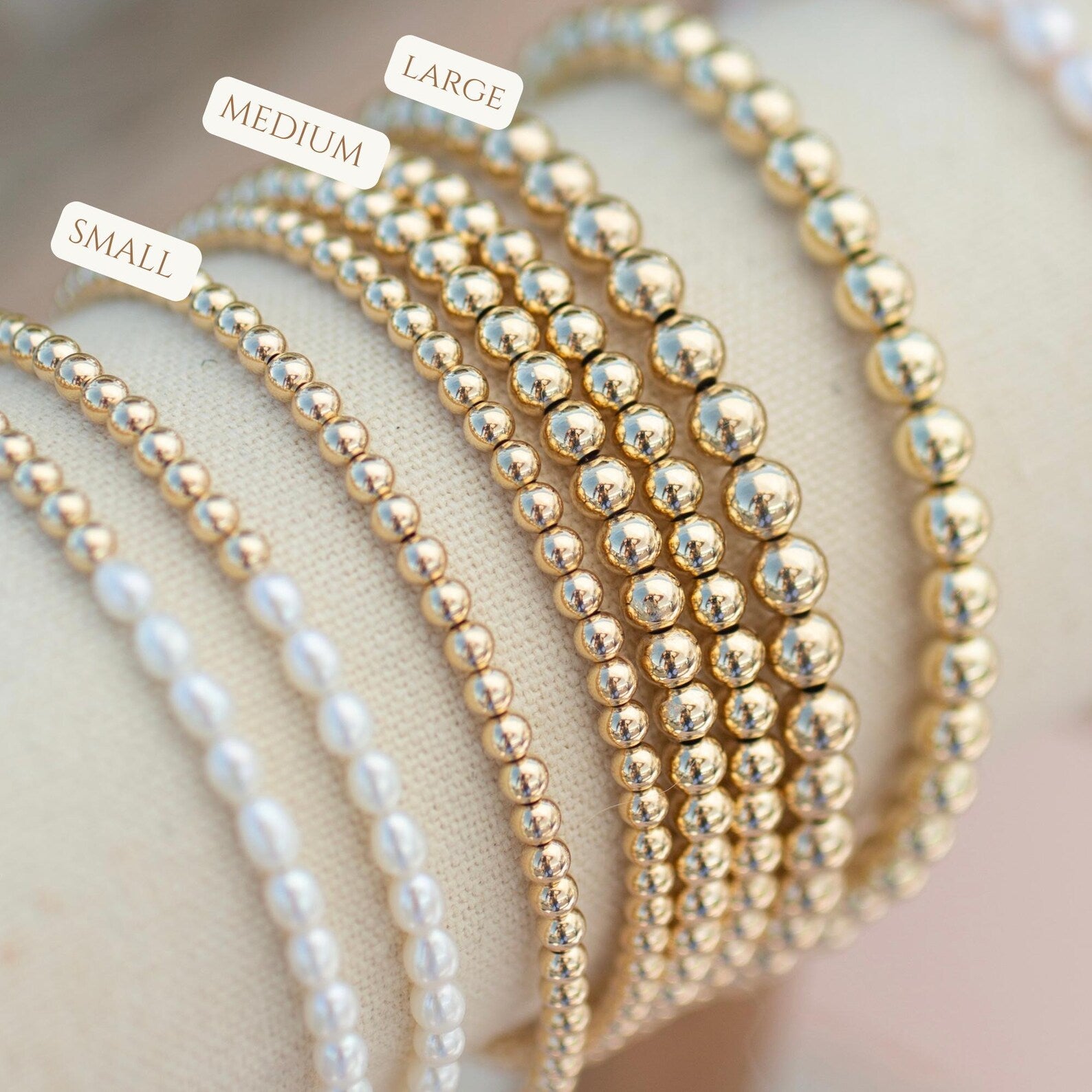 3mm 4mm and 5mm gold filled beaded bracelet size comparison