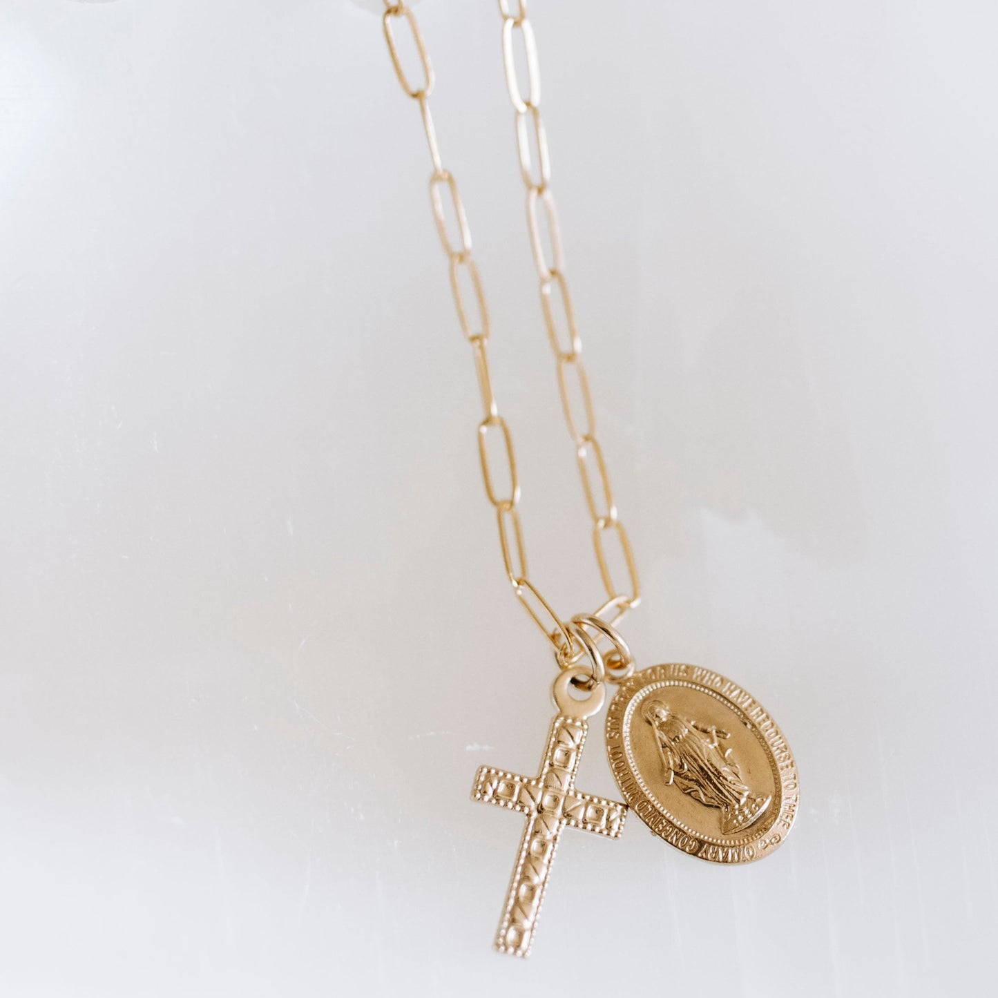 14k gold filled Virgin Mary and cross pendant necklace on paperclip chain