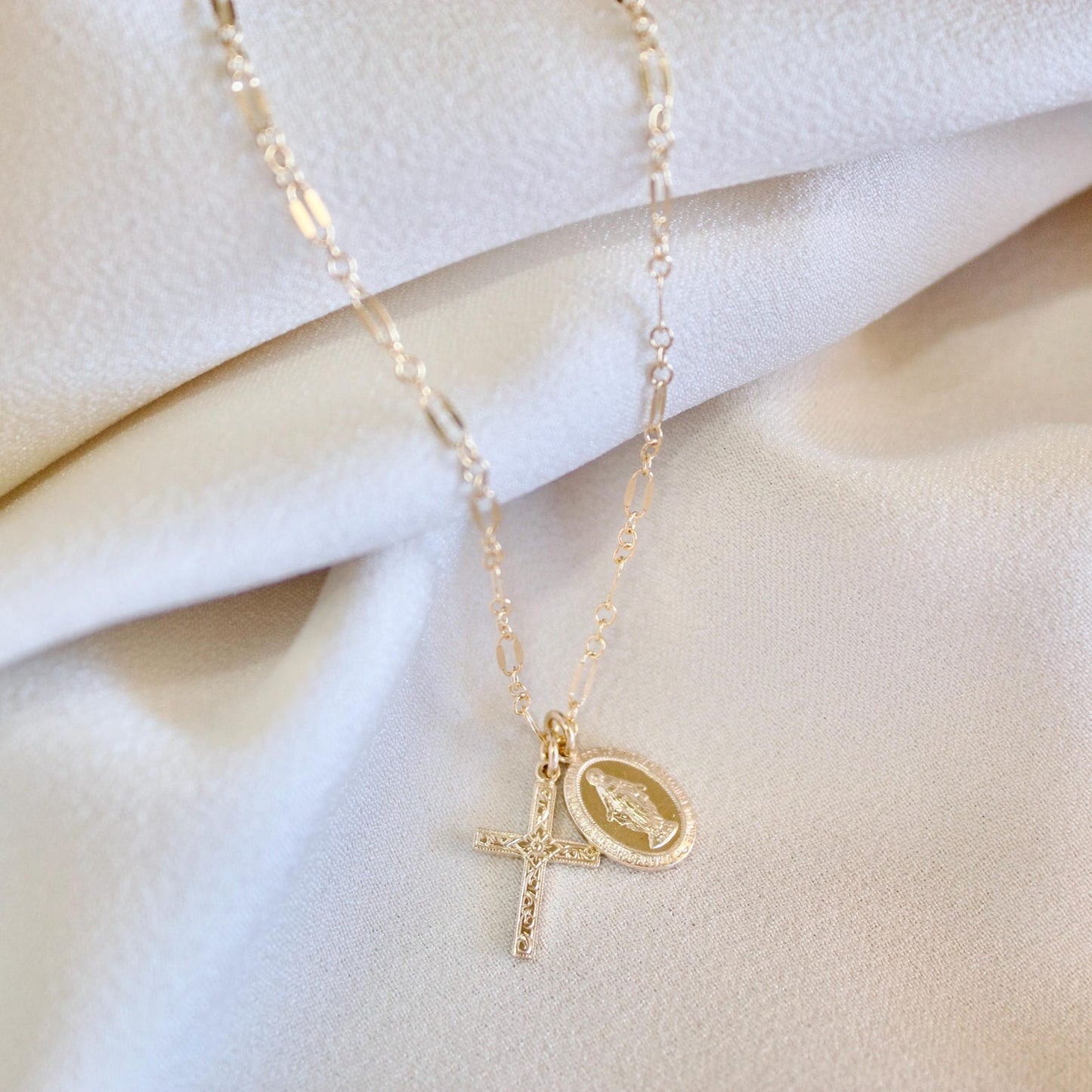 Mini Floral Cross Virgin Mary Necklace
