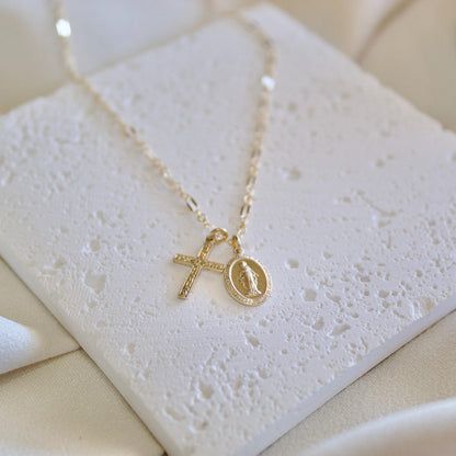 Mini Floral Cross Virgin Mary Necklace