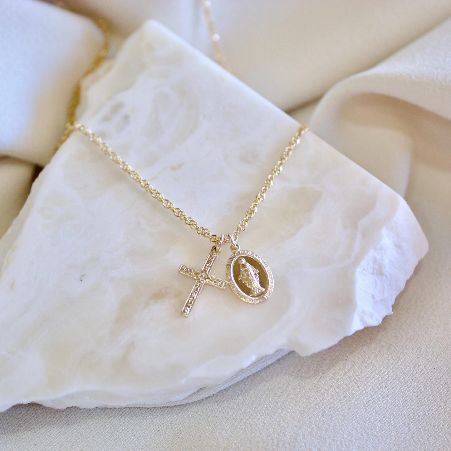 Mini Floral Cross Virgin Mary Necklace