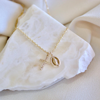 Mini Floral Cross Virgin Mary Necklace