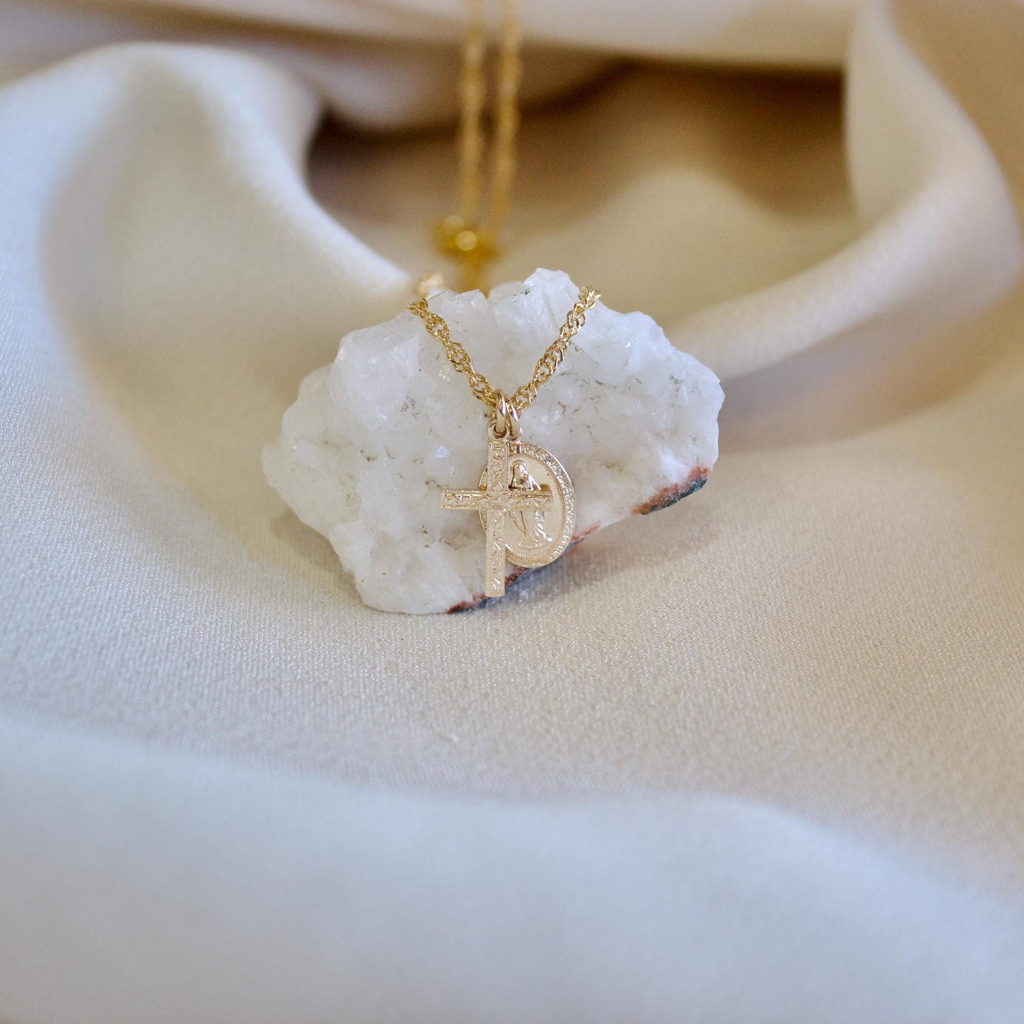 Mini Floral Cross Virgin Mary Necklace