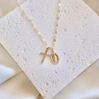 Mini Floral Cross Virgin Mary Necklace