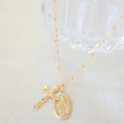 14k Gold Cross Mary Necklace 