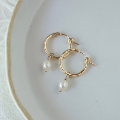 14k Gold Pearl Hoops For Women