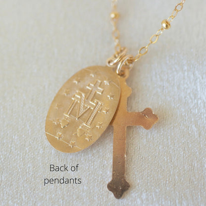 14k Gold Cross Mary Necklace 