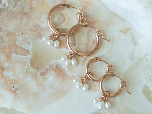 Rose Gold Trinity Pearl Hoops
