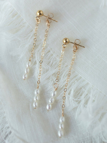 Solid Gold Pearl Dangle Stud Earrings 