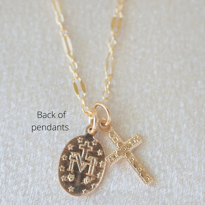 14k gold filled Virgin Mary and cross necklace shown for size reference